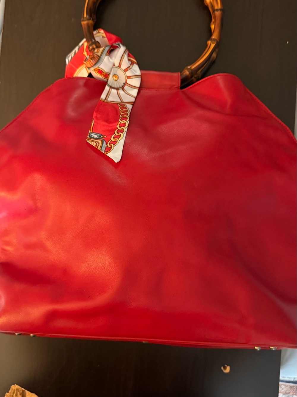 Gucci Red Leather Tote with Bamboo Ring Handles and Scarf Accent